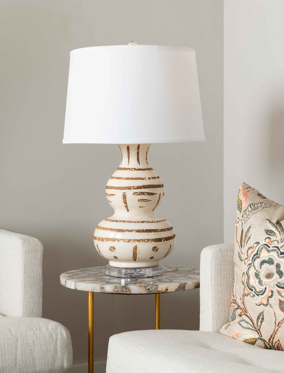 Shino Lamp with Shade 16-inch White Linen, with Nickel, Ivory and Brown