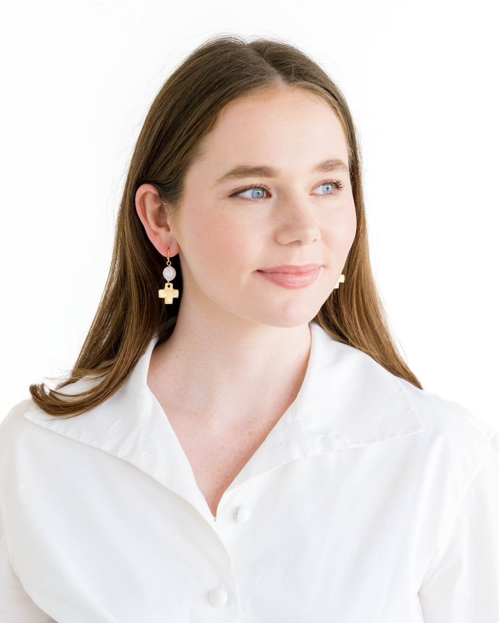 Coin Pearl + Gold Cross Drop Earrings-Blue Hand Home