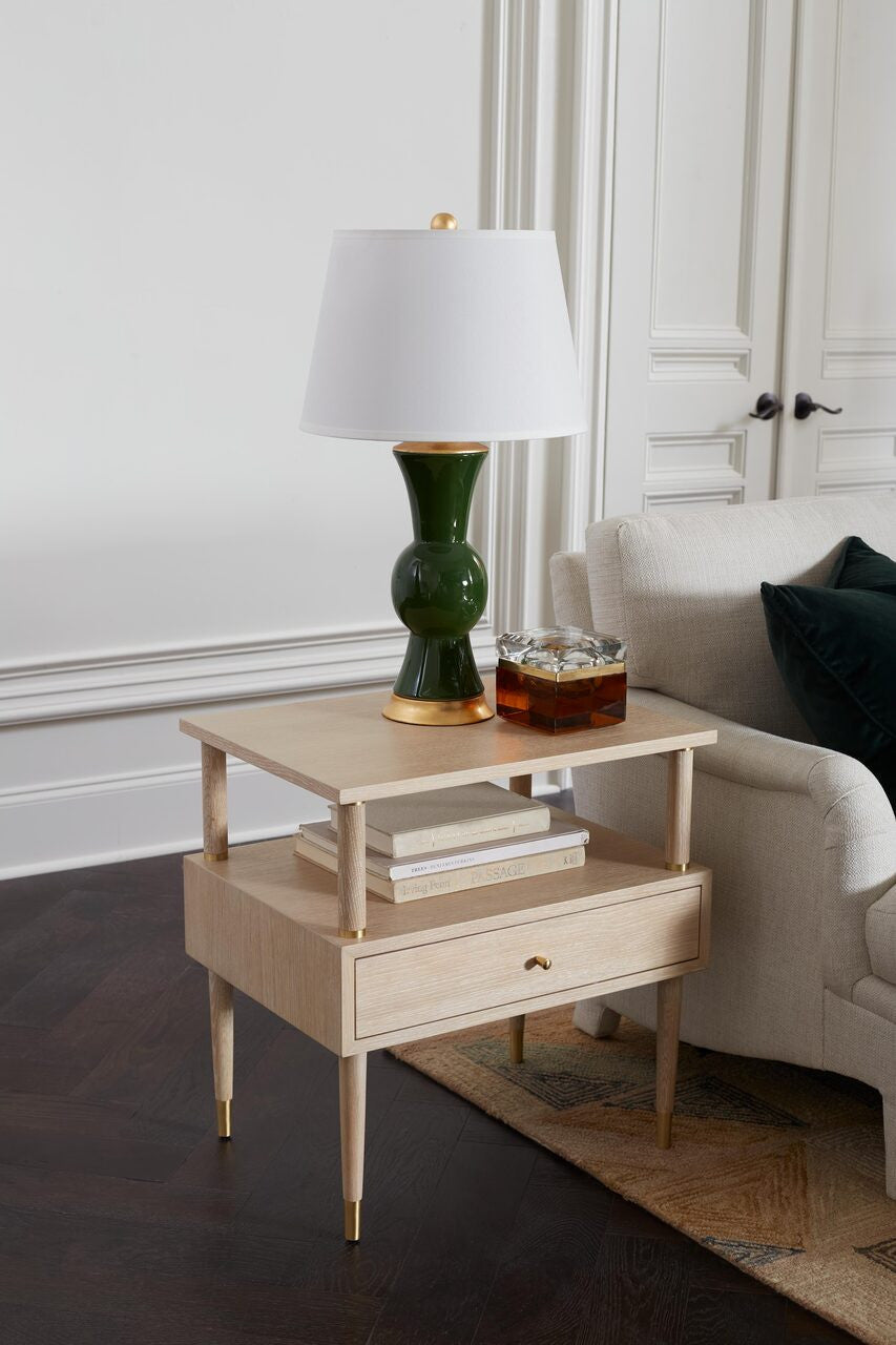 Tao Table Lamp with White Linen Shade, Gold, Dark Green