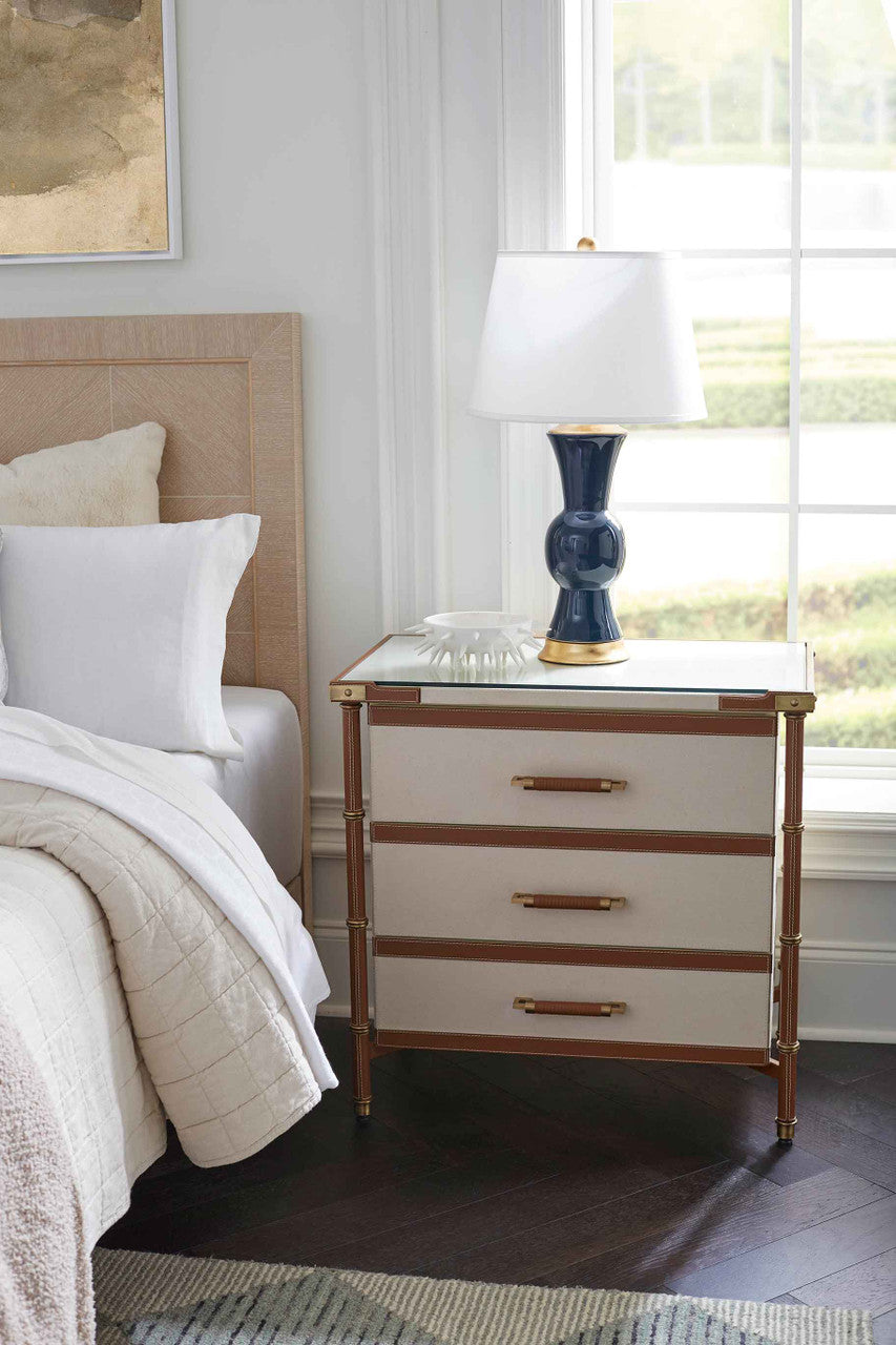 Tao Lamp with Shade 16-inch White Linen, with Gold, Navy Blue