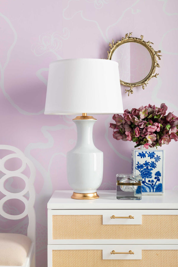 Thalia Lamp with Shade 17-inch White Linen, with Gold, White Smoke