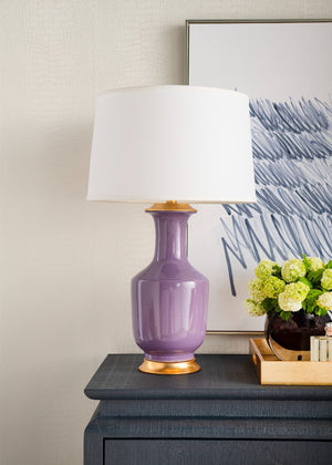Thalia Lamp with Shade 17-inch White Linen, with Gold, Lilac