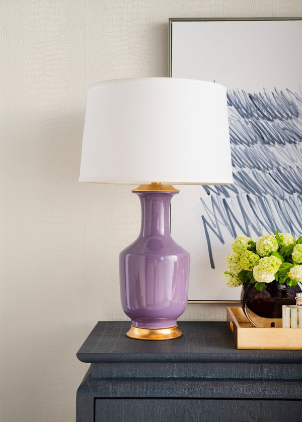 Thalia Lamp with Shade 17-inch White Linen, with Gold, Lilac