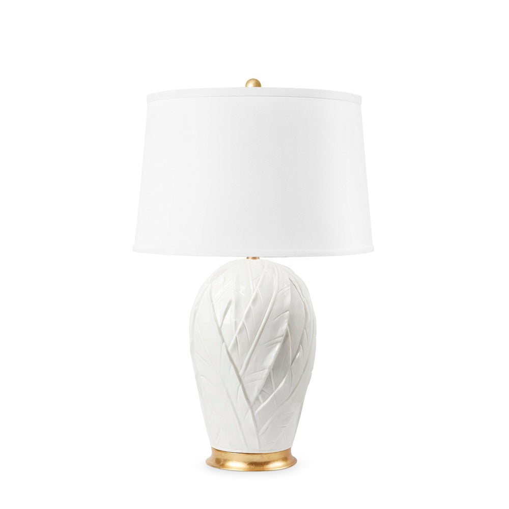 Tobacco Leaf Lamp with Shade 17-inch White Linen, with Gold-Blue Hand Home