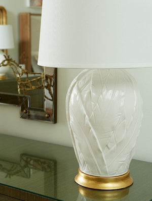 Tobacco Leaf Lamp with Shade 17-inch White Linen, with Gold-Blue Hand Home