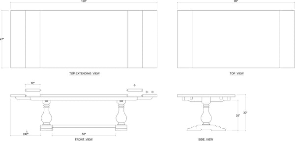Trestle Extension Table 96'' extends to 120'' w/o Grooves-Blue Hand Home