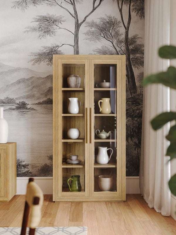 Tuscan Rustic Distressed Teak Display Cabinet in Teak Natural w/ Weathered Teak Distressing-Blue Hand Home