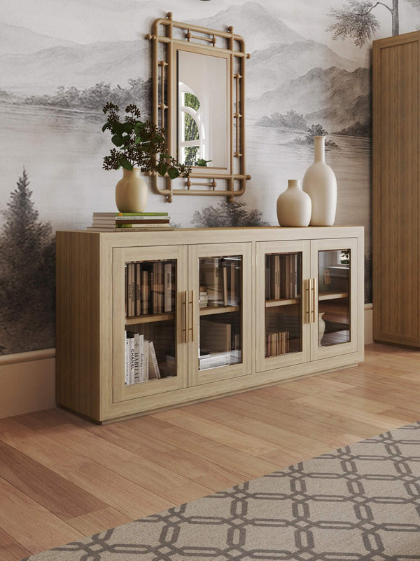Tuscan Rustic Distressed Teak 4 Door Sideboard in Teak Natural w/ Weathered Teak Distressing-Blue Hand Home