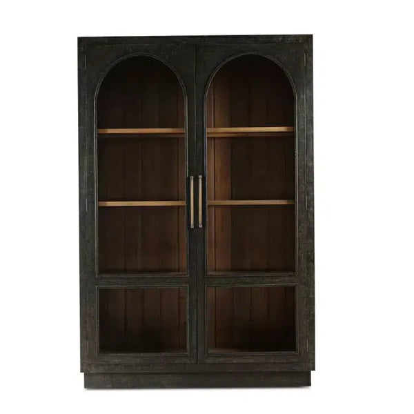 Bramble Vannes 2 Door Display Cabinet W/ Glass Shelves In Vintage Black W/ Straw Wash Interior-Bramble-Blue Hand Home