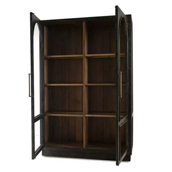 Bramble Vannes 2 Door Display Cabinet W/ Glass Shelves In Vintage Black W/ Straw Wash Interior-Bramble-Blue Hand Home