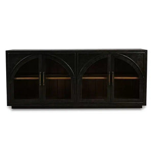 Bramble Vannes 4 Door Sideboard W/ Glass Shelves In Vintage Black W/ Straw Wash Interior-Bramble-Blue Hand Home