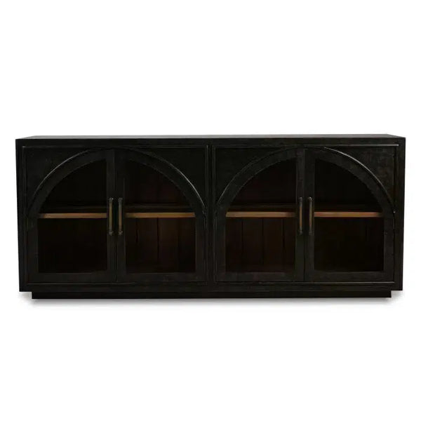 Bramble Vannes 4 Door Sideboard W/ Glass Shelves In Vintage Black W/ Straw Wash Interior-Bramble-Blue Hand Home