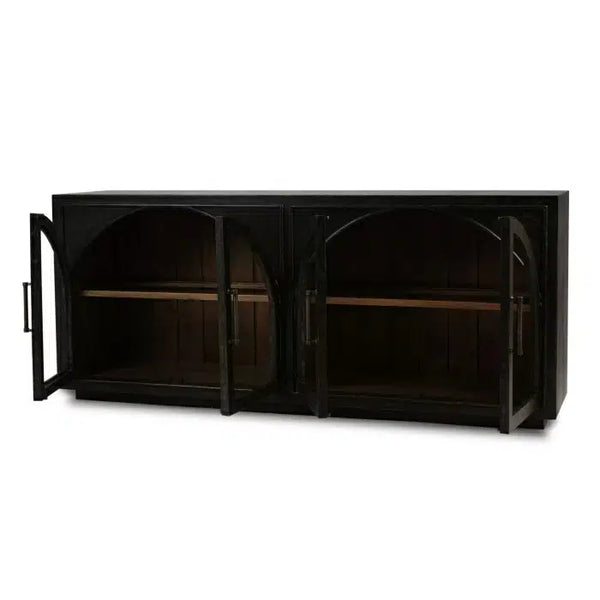 Bramble Vannes 4 Door Sideboard W/ Glass Shelves In Vintage Black W/ Straw Wash Interior-Bramble-Blue Hand Home