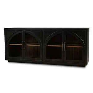 Bramble Vannes 4 Door Sideboard W/ Glass Shelves In Vintage Black W/ Straw Wash Interior-Bramble-Blue Hand Home