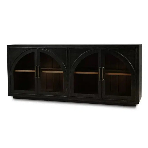 Bramble Vannes 4 Door Sideboard W/ Glass Shelves In Vintage Black W/ Straw Wash Interior-Bramble-Blue Hand Home