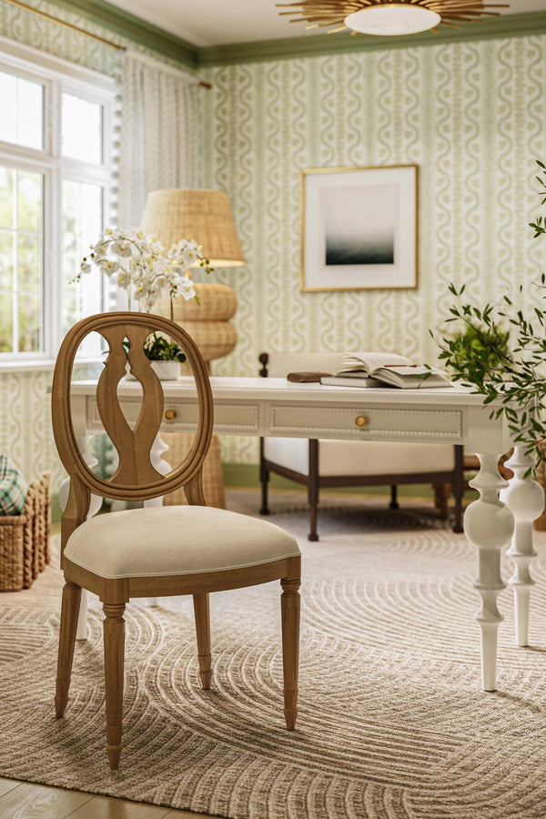 Fiona Dining Chair In Fruitwood W/ Upholstered Seat In Arctic White Performance Fabric-Blue Hand Home