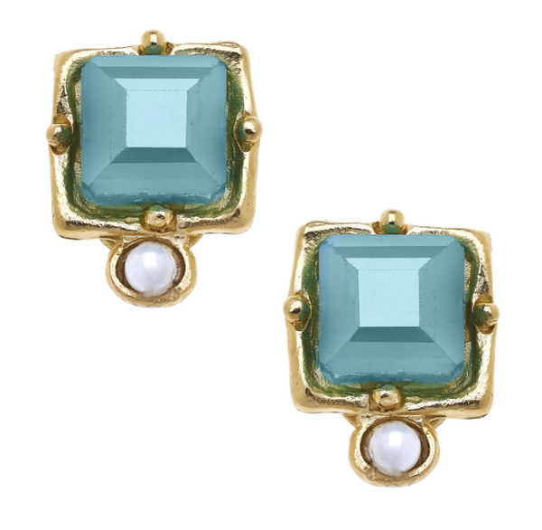 Handcast Gold, Genuine Freshwater Pearl & Teal Crystal CLIP Earrings-Susan Shaw Jewelry-Blue Hand Home