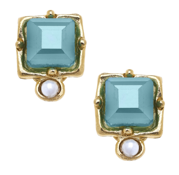 Handcast Gold, Genuine Freshwater Pearl & Teal Crystal CLIP Earrings-Susan Shaw Jewelry-Blue Hand Home