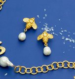 Susan Shaw Bee & Pearl Drop Earrings - Gold-Susan Shaw Jewelry-Blue Hand Home
