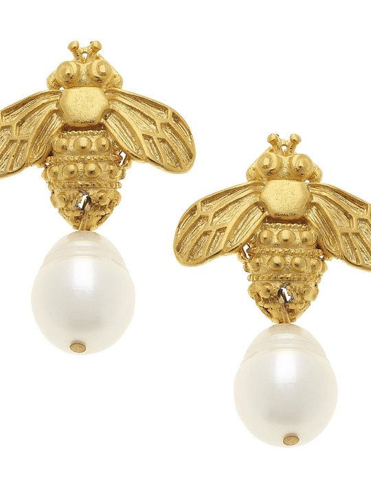 Susan Shaw Bee & Pearl Drop Earrings - Gold