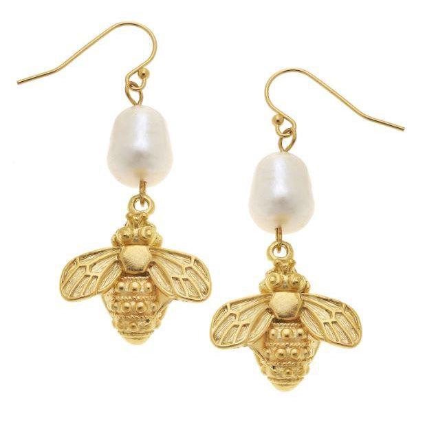 Susan Shaw Bee & Genuine Cultured Pearl Earrings-Susan Shaw Jewelry-Blue Hand Home