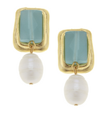 Susan Shaw Rectangle Stone Pearl Drop Clip Earrings-Susan Shaw Jewelry-Blue Hand Home