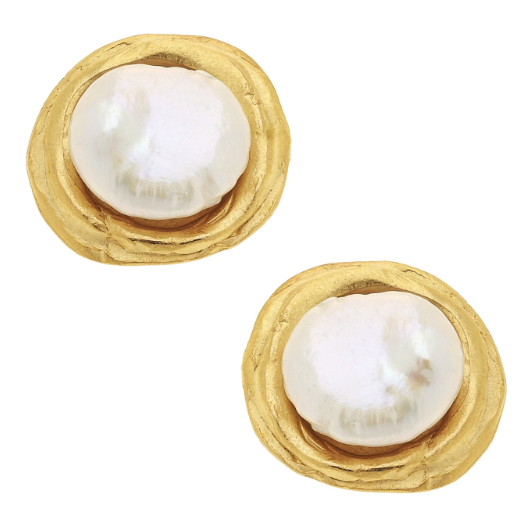 Susan Shaw Handcast Gold with White Coin Pearl Clip Earrings