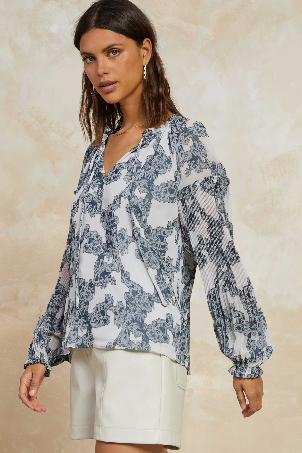 Long Slv Ruffled Split Neck Blouse