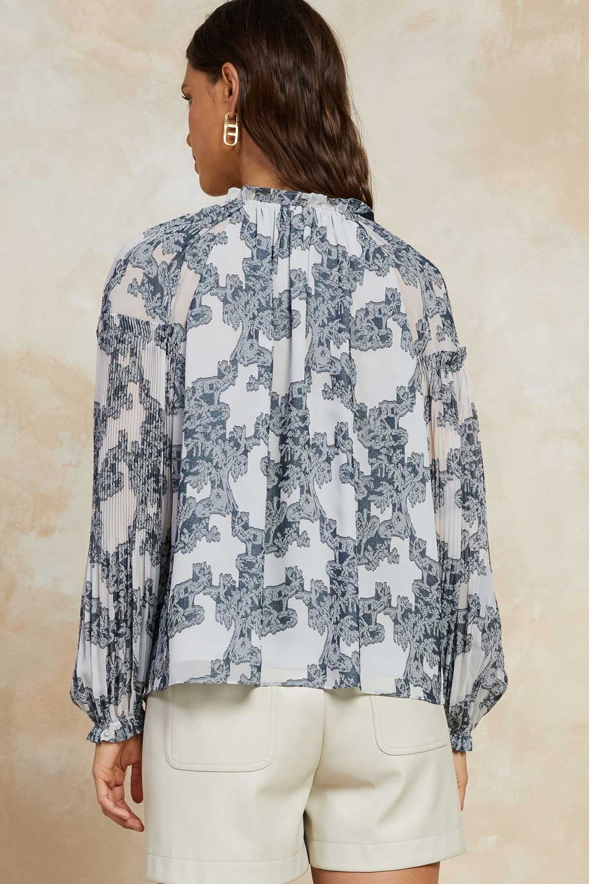 Long Slv Ruffled Split Neck Blouse