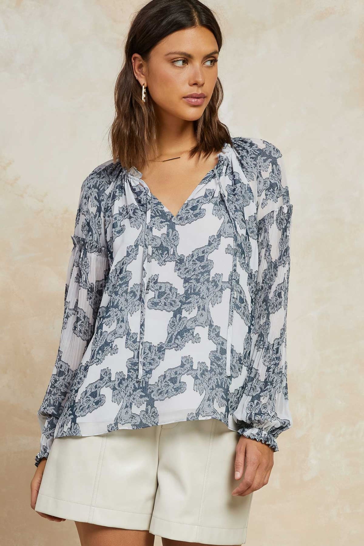 Long Slv Ruffled Split Neck Blouse