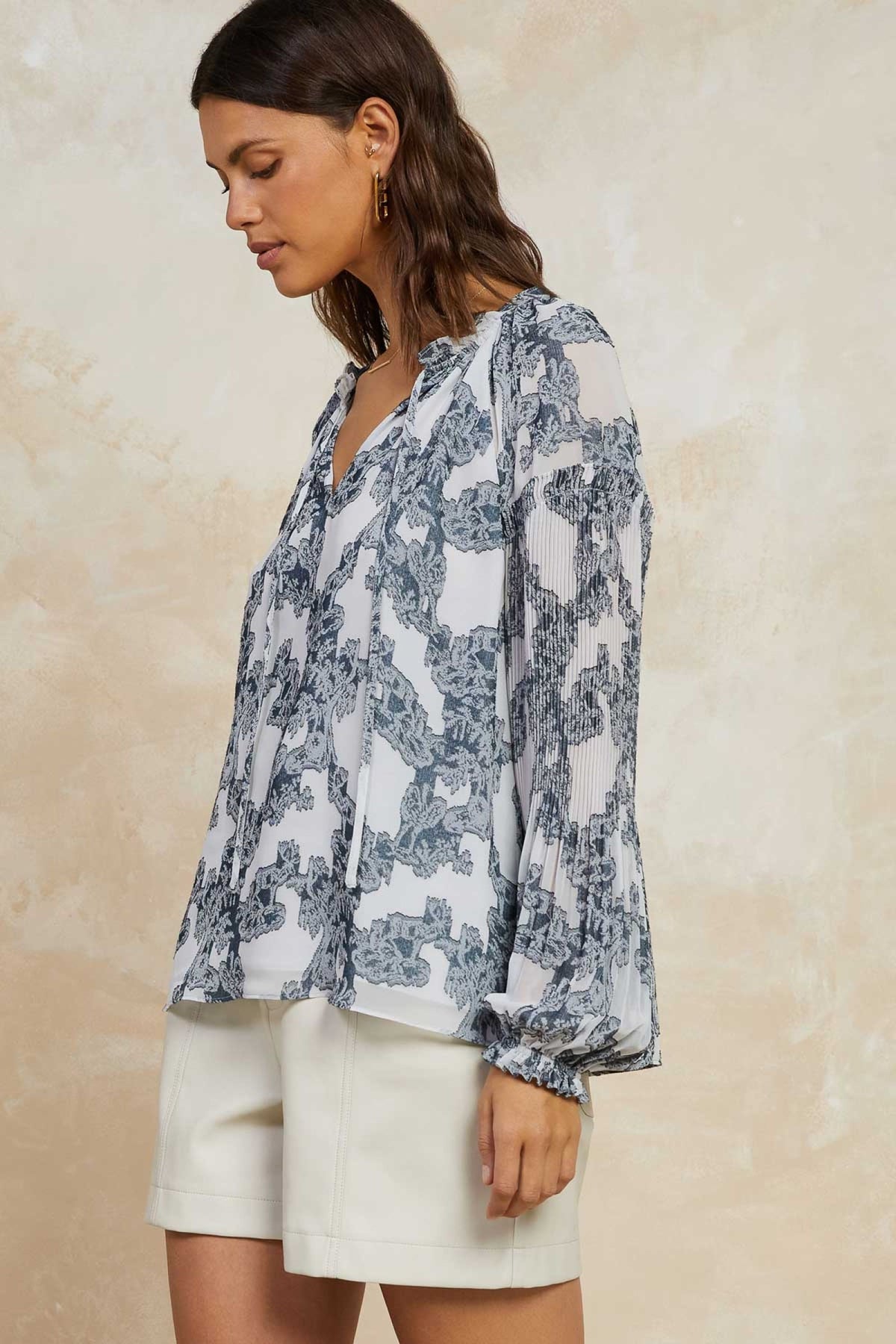 Long Slv Ruffled Split Neck Blouse