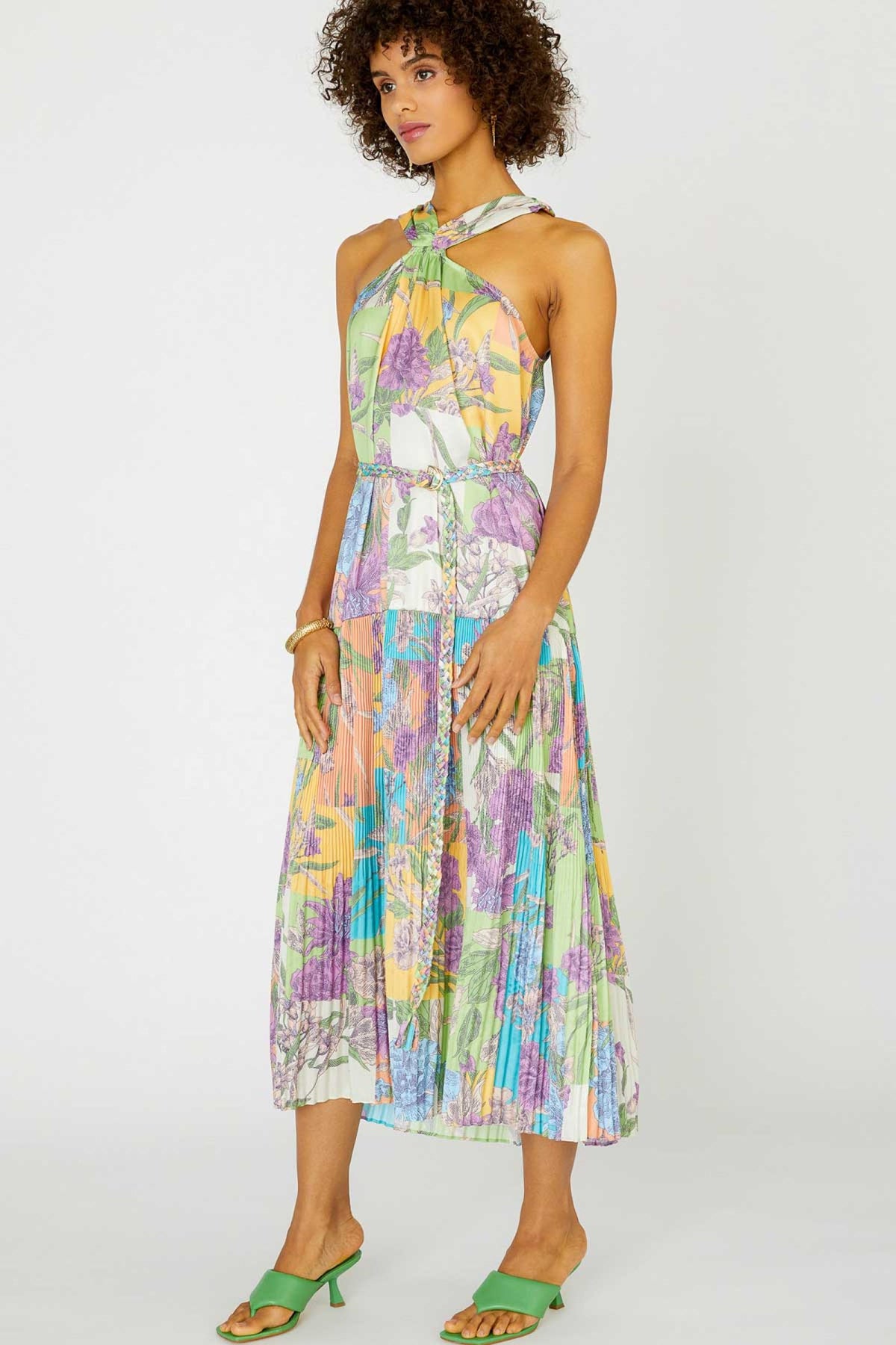 COLOR BLOCK MULTI PRINTED HALTER NECK PLEATED MIDI DRESS