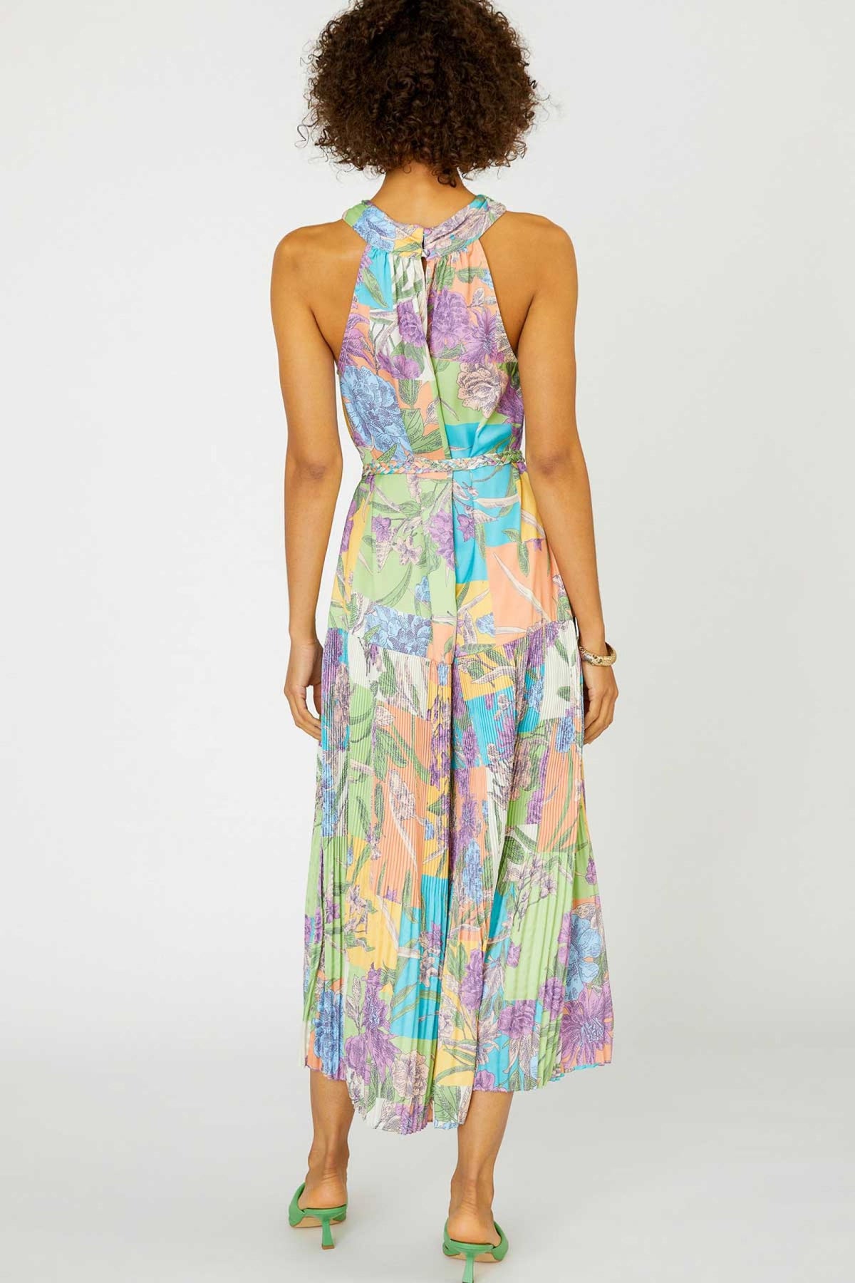 COLOR BLOCK MULTI PRINTED HALTER NECK PLEATED MIDI DRESS