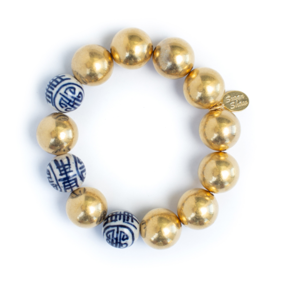 Susan Shaw 16MM Gold Balls & Porcelain Stretch Bracelet-Susan Shaw Jewelry-Blue Hand Home
