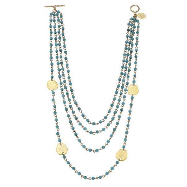 Susan Shaw Multi Strand Linked Turquoise with Gold Circles 16in Necklace-Susan Shaw Jewelry-Blue Hand Home
