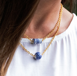 Handpainted Blue and White Porcelain Bead & Tiny Chain Necklace-Susan Shaw Jewelry-Blue Hand Home