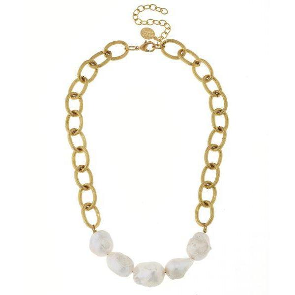 Susan Shaw Gold Textured Loop Chain w/ Genuine Freshwater Baroque Pearls-Susan Shaw Jewelry-Blue Hand Home