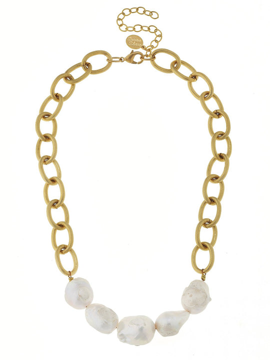 Susan Shaw Gold Textured Loop Chain w/ Genuine Freshwater Baroque Pearls