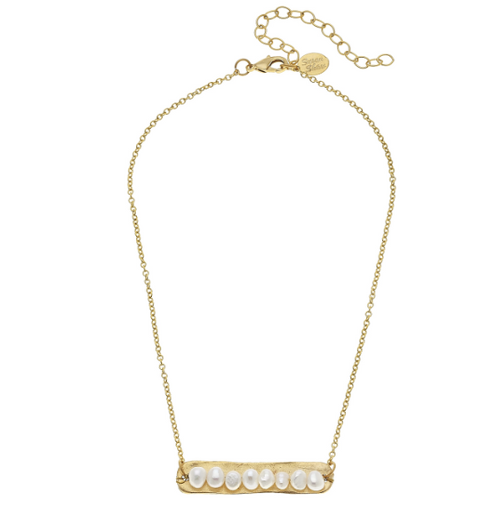 Genuine Freshwater Pearls on Handcast Gold Bar Necklace