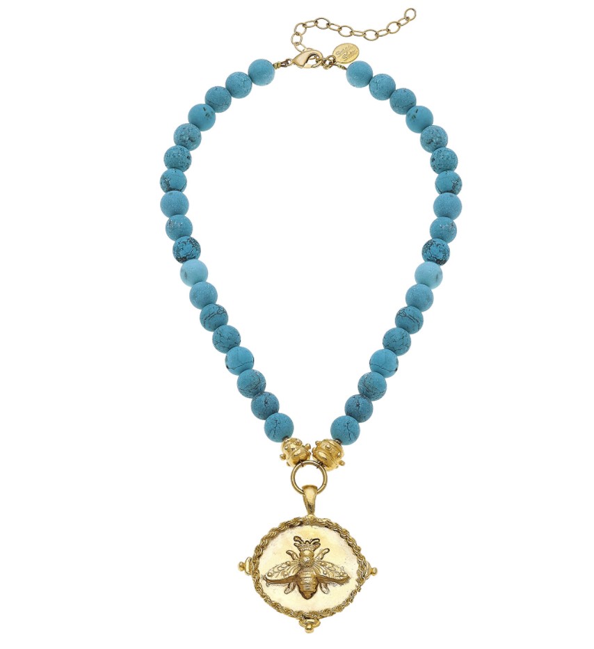 Susan Shaw Handcast Gold Bee on Genuine Matte Turquoise Necklace-Susan Shaw Jewelry-Blue Hand Home