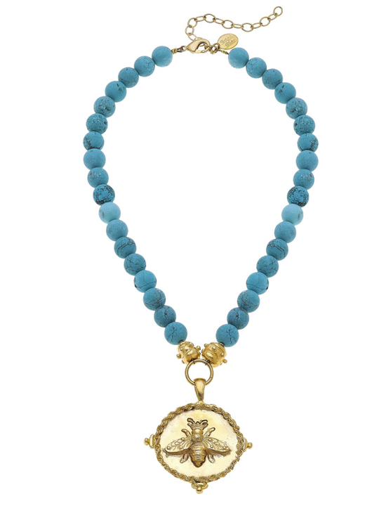 Susan Shaw Handcast Gold Bee on Genuine Matte Turquoise Necklace