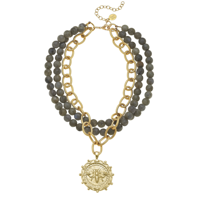 Susan Shaw Handcast Gold Bee on 3 Row Labradorite Necklace