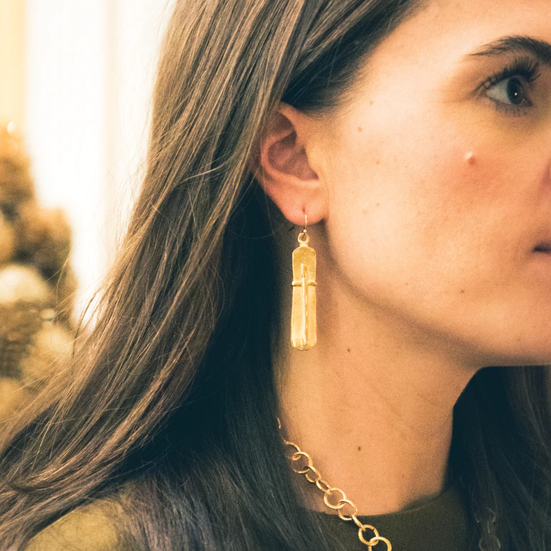 Susan Shaw Handcast Gold Bar with Cross Earrings-Susan Shaw Jewelry-Blue Hand Home