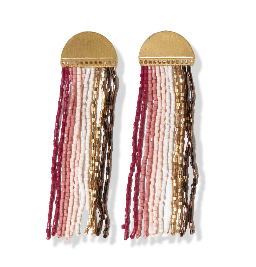 Blush Stripe Fringe Beads Brass Half Circle Post Earrings 3in-Ink + Alloy-Blue Hand Home