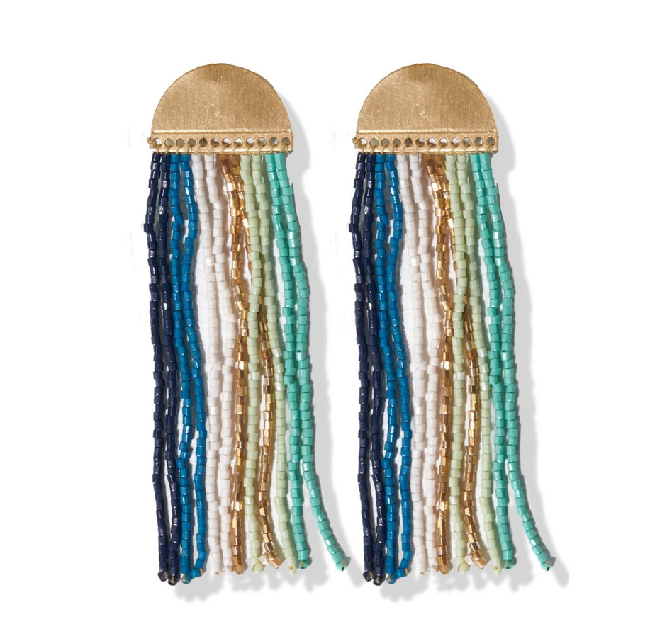 Teal Stripe Fringe Beads Brass Half Circle Post Earrings-Ink + Alloy-Blue Hand Home