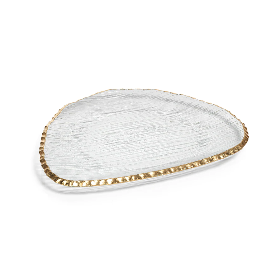 Clear Textured Organic Shape Plate with Jagged Gold Rim - Large-Blue Hand Home
