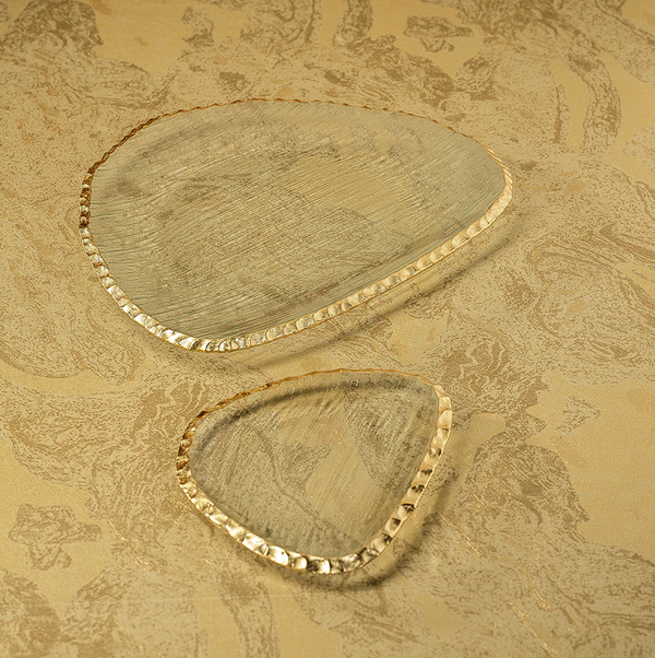 Clear Textured Organic Shape Plate with Jagged Gold Rim - Large-Blue Hand Home