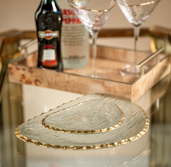 Clear Textured Organic Shape Plate with Jagged Gold Rim - Large-Blue Hand Home