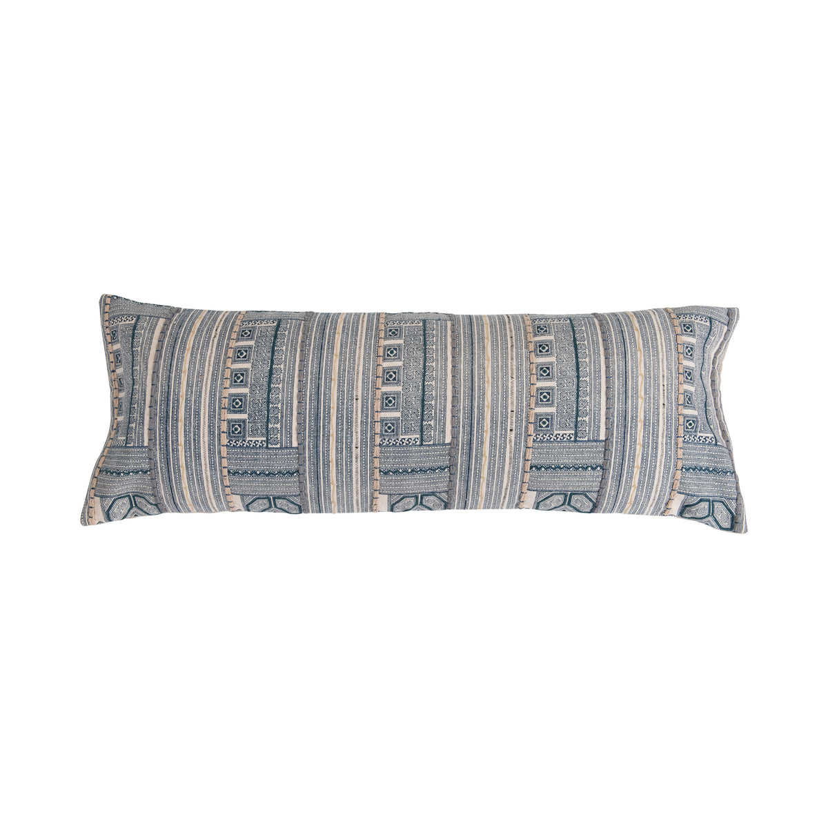 Cotton Printed Oversized Lumbar Pillow with Embroidery-Blue Hand Home