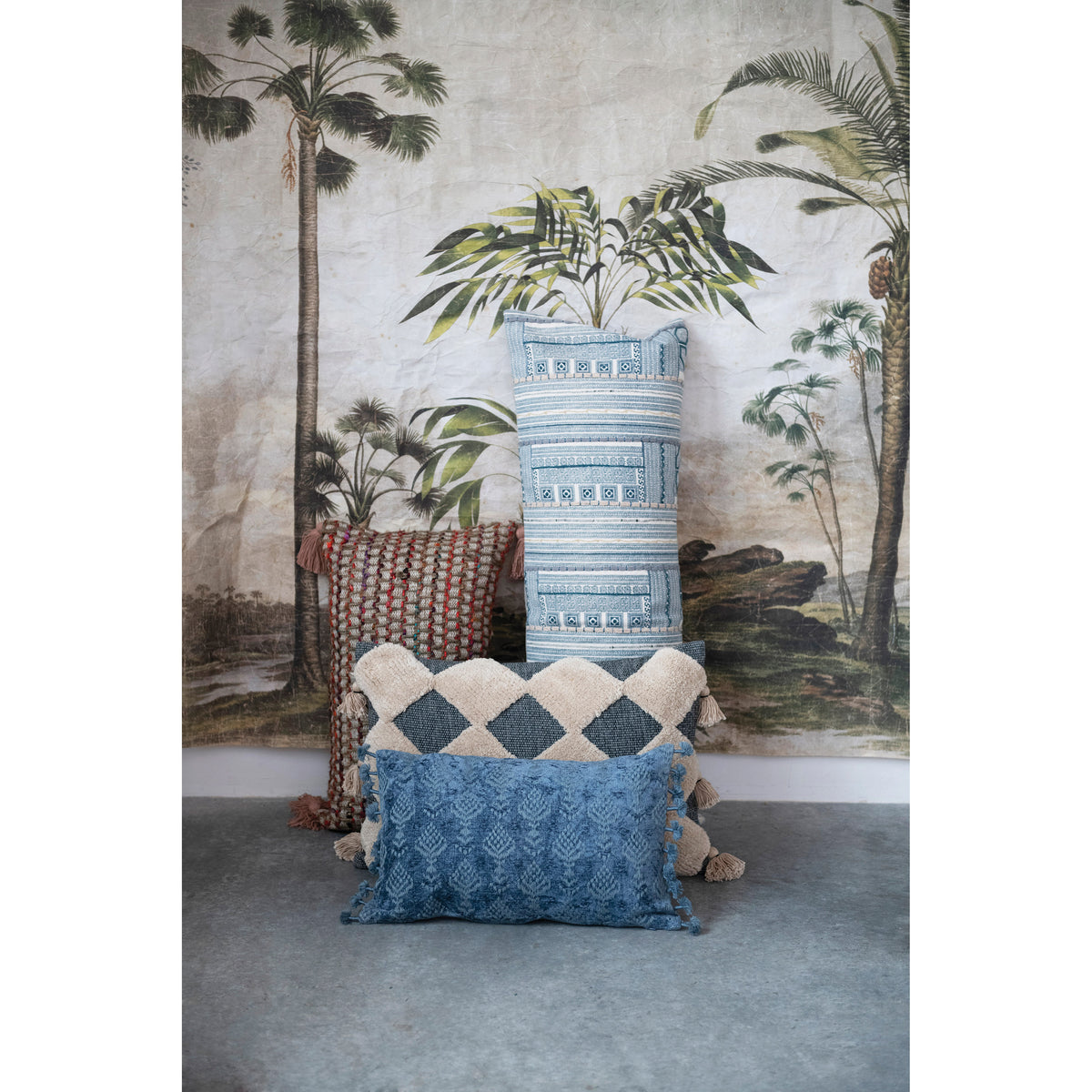 Cotton Printed Oversized Lumbar Pillow with Embroidery-Blue Hand Home